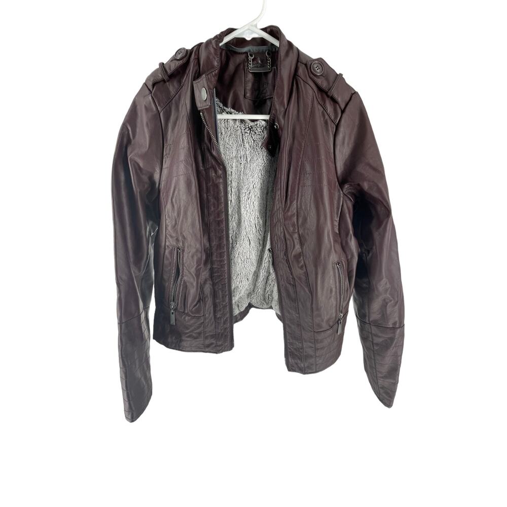 L2 Burgundy Faux Leather Faux Fur Lined Full Zip Moto Jacket Women's Size Small